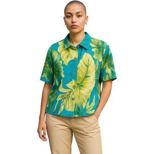 Vintage‎ Studio JPR Blue Green Linen Sequin Lagenlook Leaf Print Blouse XL